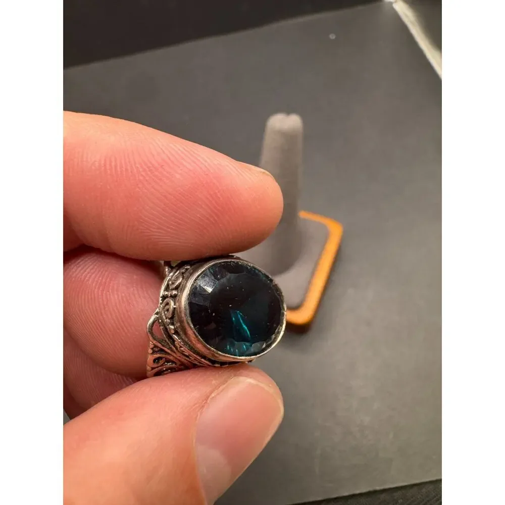 Vtg 925 Sterling Silver Blue Topaz Glass Cocktail Ring Ornate Filigree Size 10